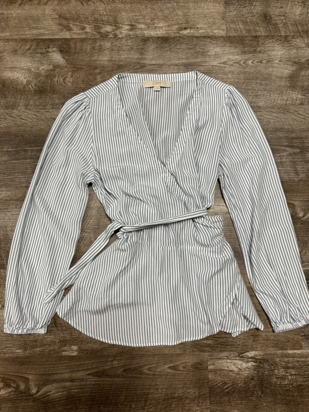 Ann Taylor LOFT Blue & White Striped Wrap Shirt Size Small